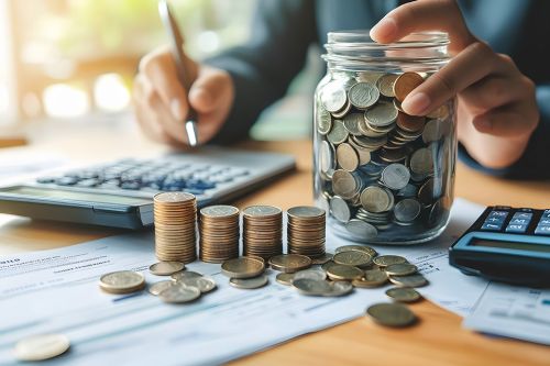 Person mit Taschenrechner und Münzglas