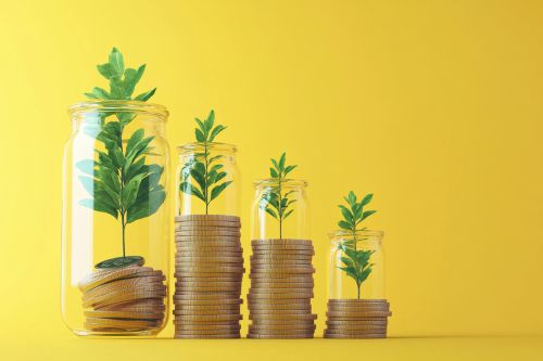 Gläser mit Münzen aus denen Pflanzen wachsen